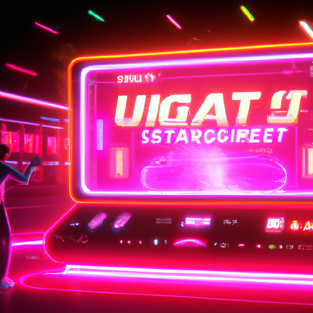 Neon arcade match with diverse players and HUD overlays